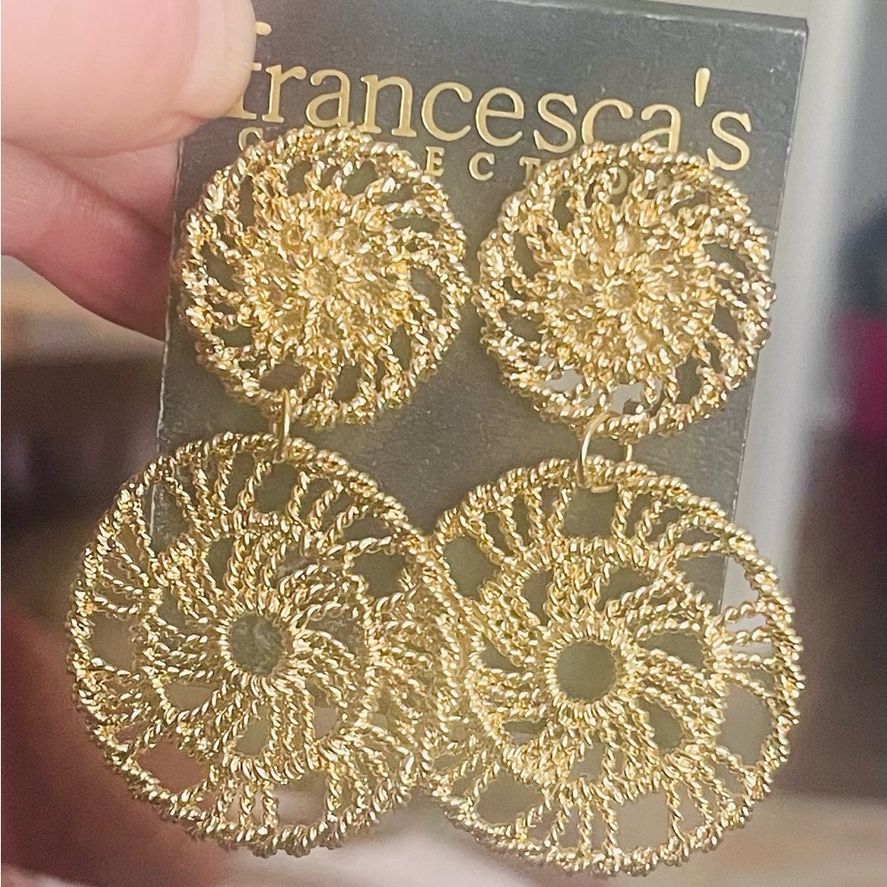 Francesca's Collections Gold Crochet Double Circle Drop Earrings